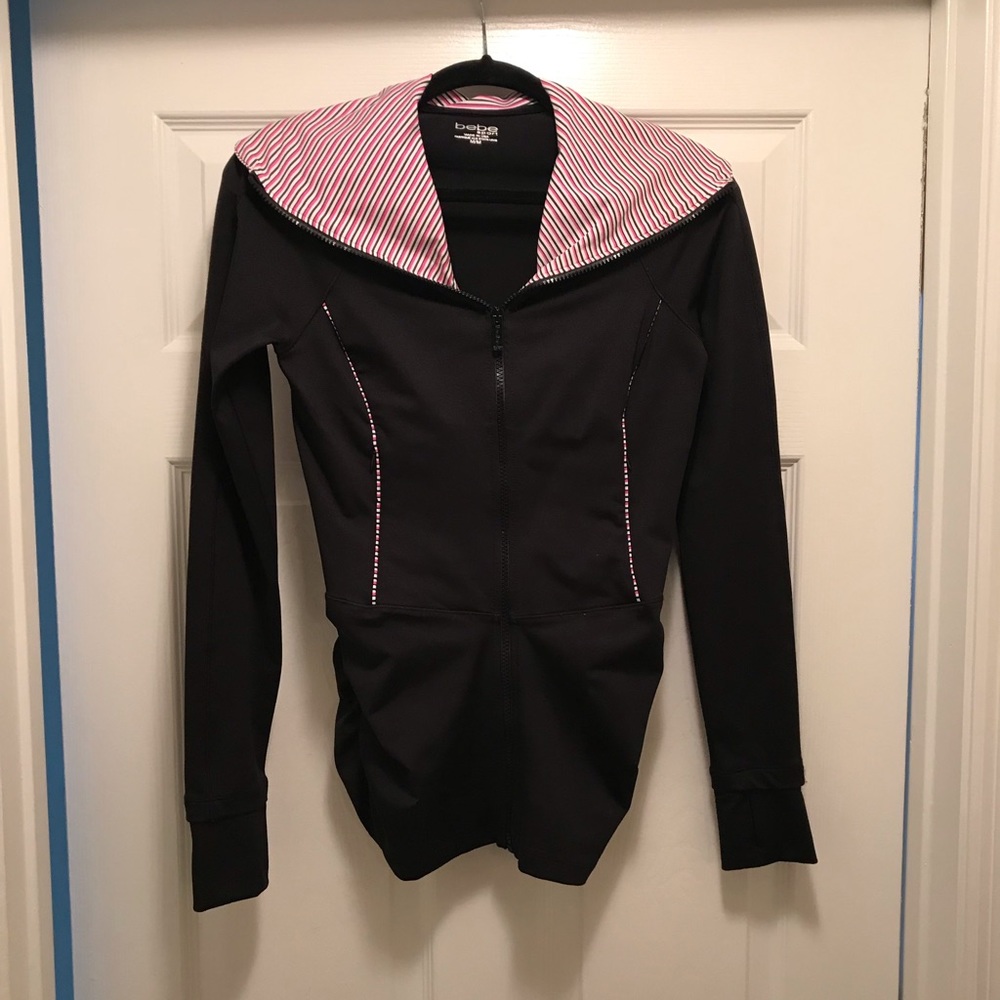Bebe Sport Black Jacket with White Collar Pink & Black Stripes Ruched Bottom